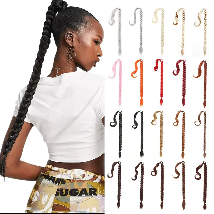 Longue Extension de queue de cheval tressée bricolage avec attache de cheveux enveloppe droite autour des Extensions