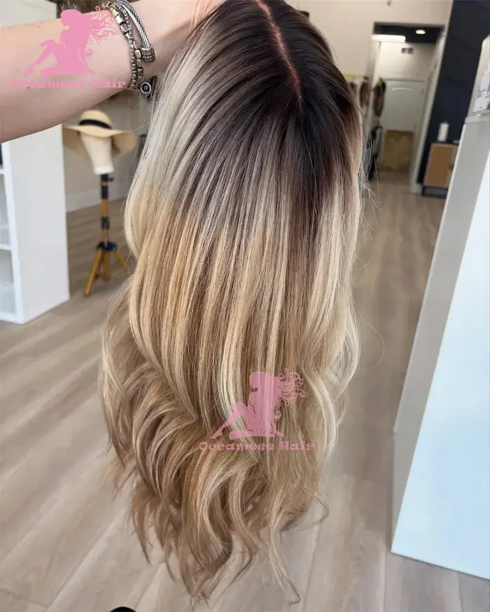Perruque Lace Frontale en Cheveux Humains Body Wave Ombré Blond Cendré avec Mèches