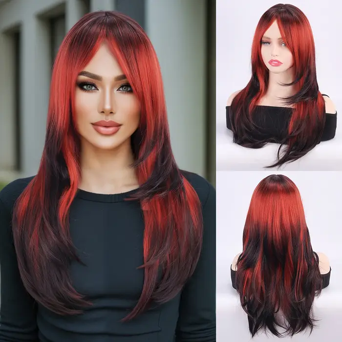 Perruque pour femme, perruque complète, style Halloween, frange à raie centrale, cheveux raides en f