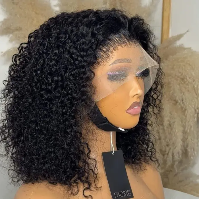 Perruque synthétique courte bouclée frisée coupe droite 13x4x1 avec dentelle frontale HD complète pour femmes