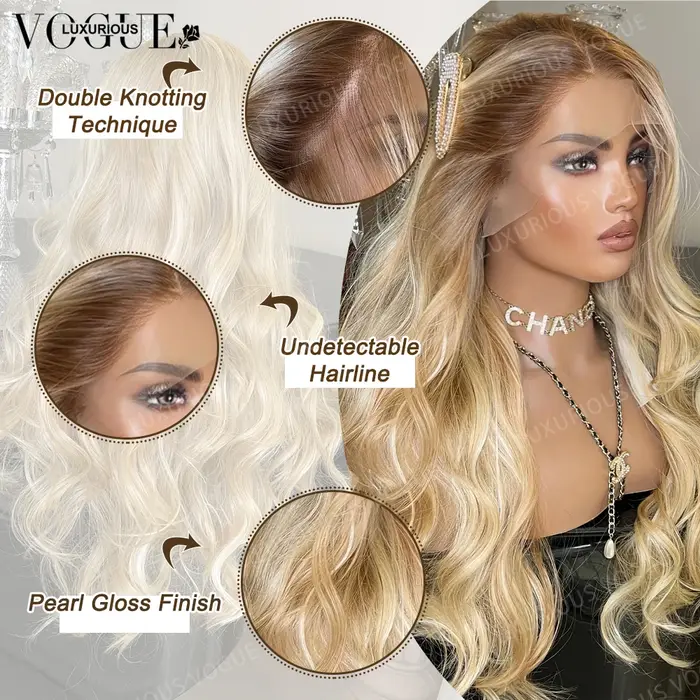 LUX VOGUE Misty Moon doré 100% perruque de cheveux humains blond cendré vagues plage flexibilité de séparation ligne