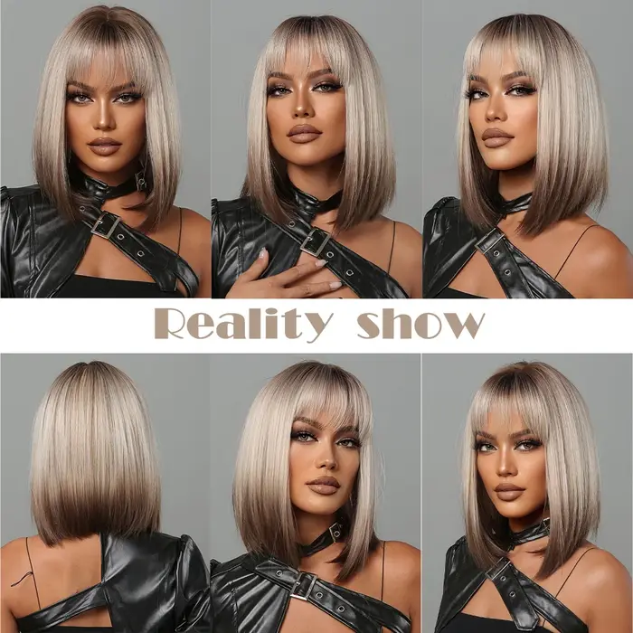 Perruques synthétiques courtes et lisses pour femmes, perruques Bob ombrées blondes à brunes avec frange, faux cheveux résistants à la chaleur pour fête Cosplay quotidienne