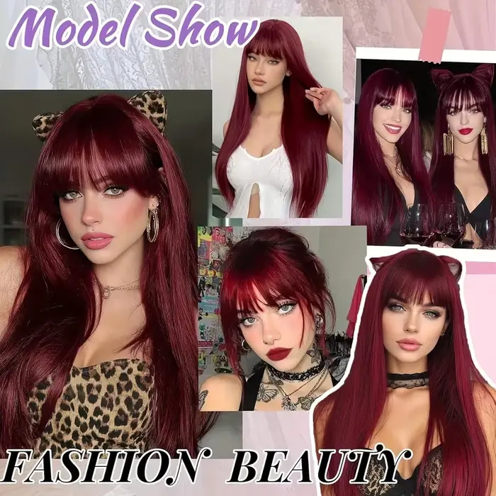 Perruque synthétique couleur vin rouge pour cheveux raides
