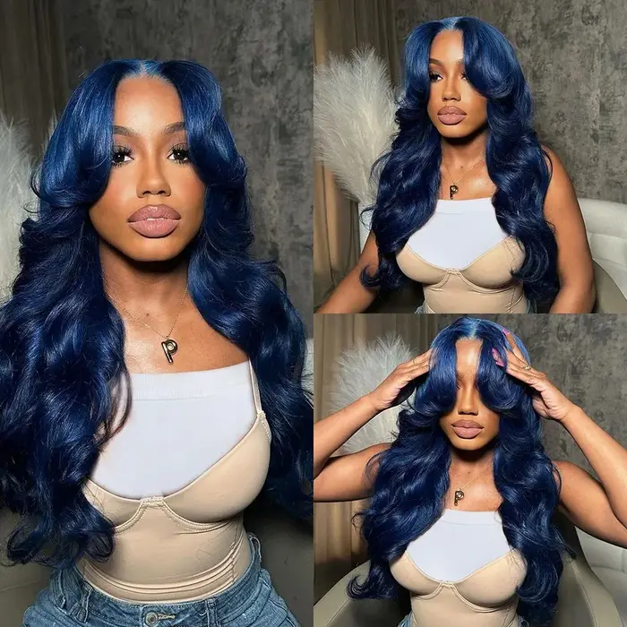 Perruque Lace Frontal Wig synthétique Body Wave longue bleu foncé, 13x4 HD, bleu nuit, sans colle, h