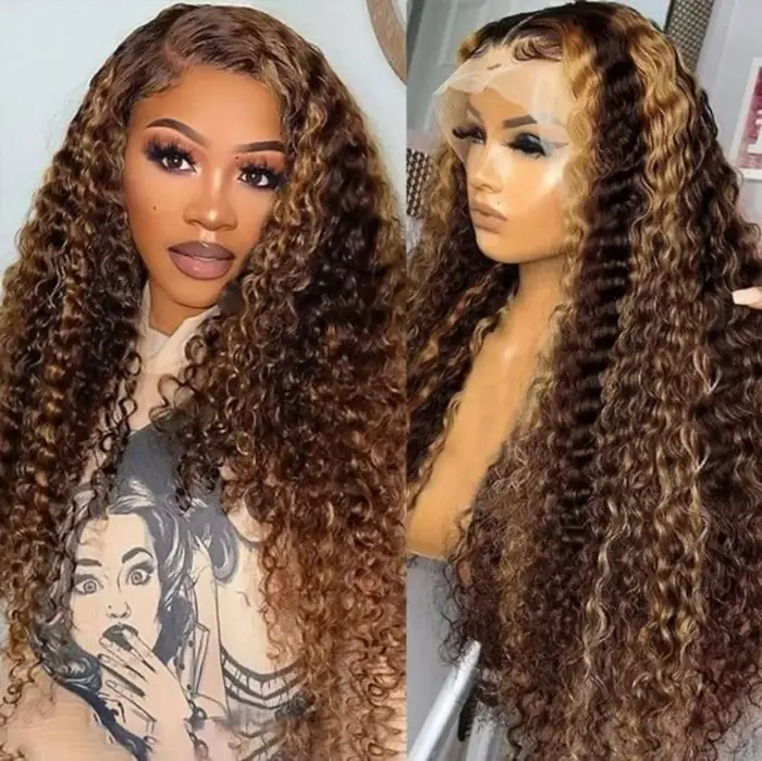 Perruque bouclée avec mèches 13x4 en dentelle frontale, perruques de cheveux humains pour femmes, sa