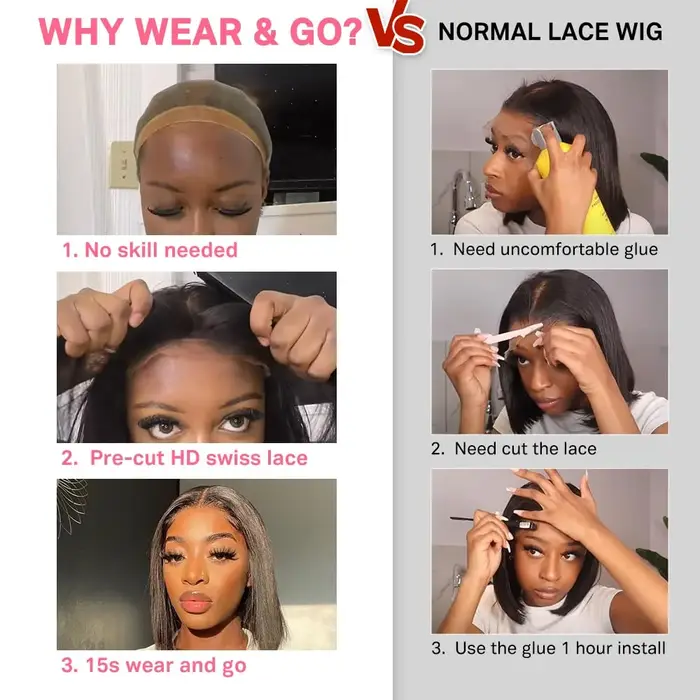 Wear And Go perruques sans colle cheveux humains fermeture pré-épilée Bob