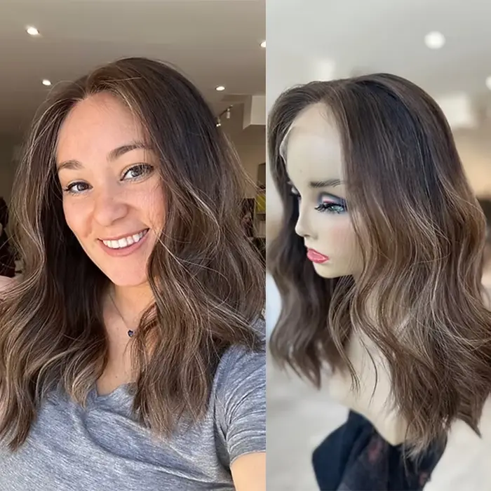 Perruque Lace Front Marron Châtain Pré-Pluckée Ondulée Naturelle Résistante à la Chaleur Mélange Synthétique Cheveux Humains pour Usage Quotidien