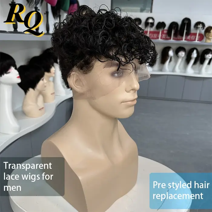 Perruque pleine dentelle bouclée prédécoupée pour hommes, perruques masculines en dentelle transpare