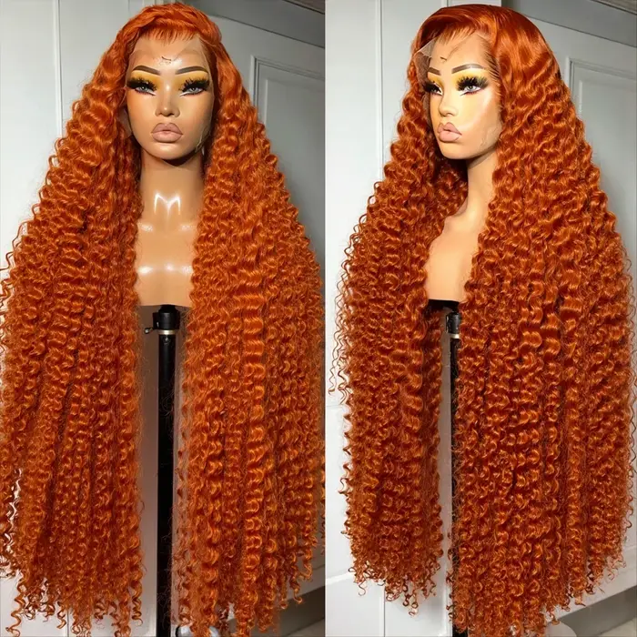 Perruque Lace Frontale 13x6 en Cheveux Humains, Ondulations Profondes Couleur Gingembre Orange, Dens