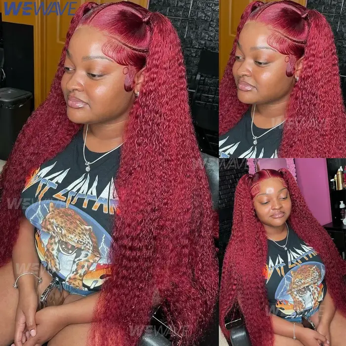 Perruque Lace Front Wig Naturelle Bouclée Rouge Bordeaux 99J, Cheveux Humains, Deep Wave, 13x6 HD