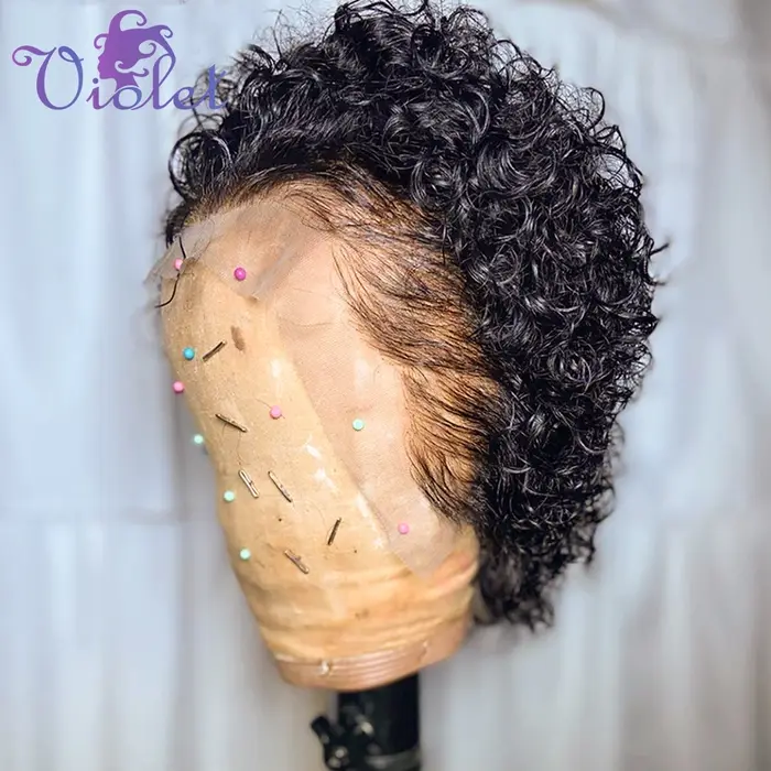 Perruques Courtes Bouclées Pixie Cut en Cheveux Humains, Lace Front, 6 Pouces, 13x1 13x4, Dentelle T