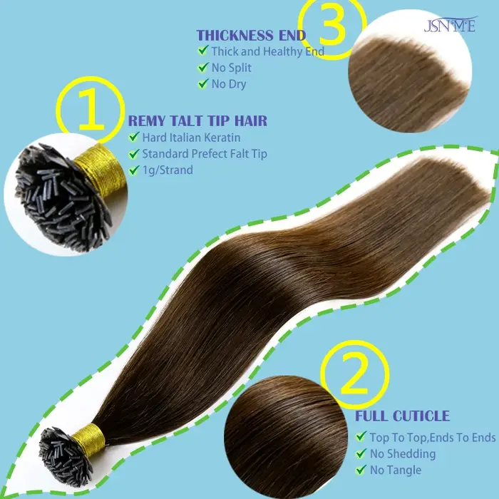 Extensions de cheveux humains à pointe plate JSNME