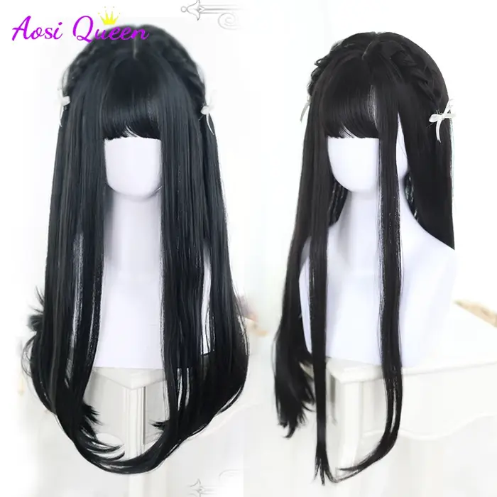 AOSI – perruques synthétiques noires longues et lisses avec frange pour femmes, perruques de fête de Cosplay de noël à la mode