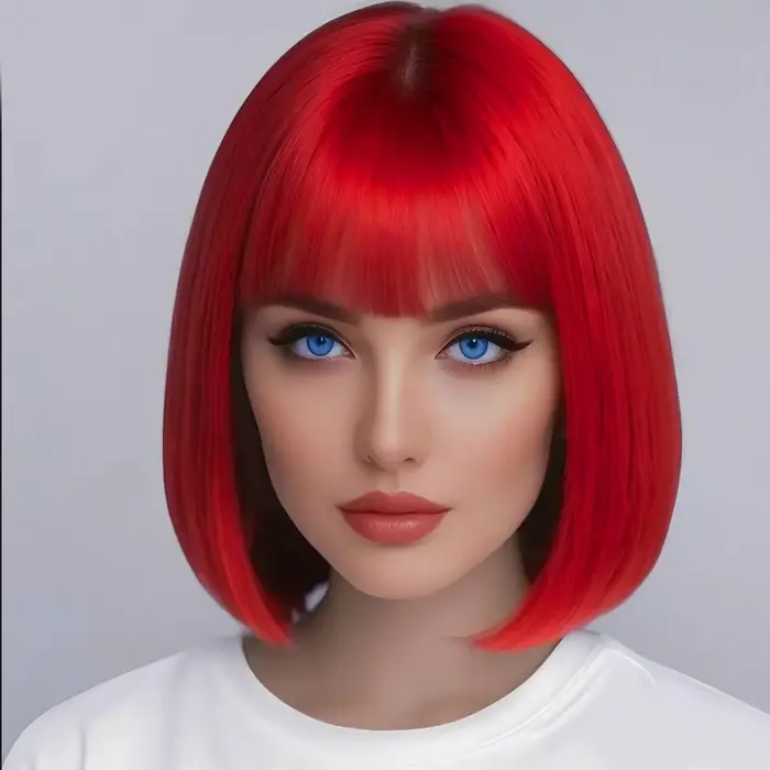 Perruque synthétique rouge de 12 pouces avec frange