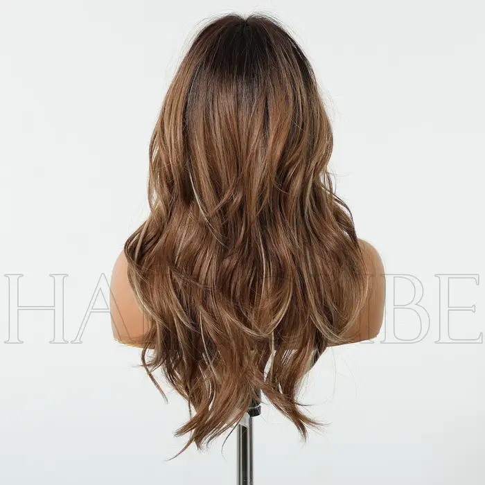 Perruques ondulées brunes pour femmes avec frange, perruque longue en cheveux synthétiques naturels,