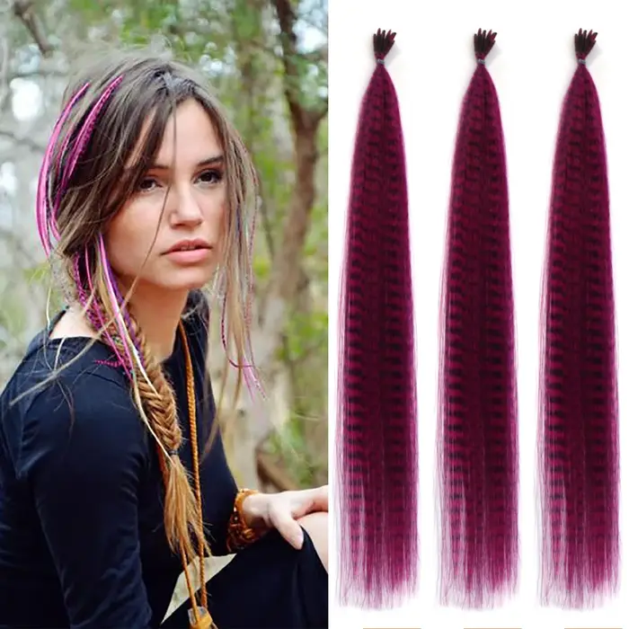 Extensions de cheveux synthétiques colorées à rayures en plumes