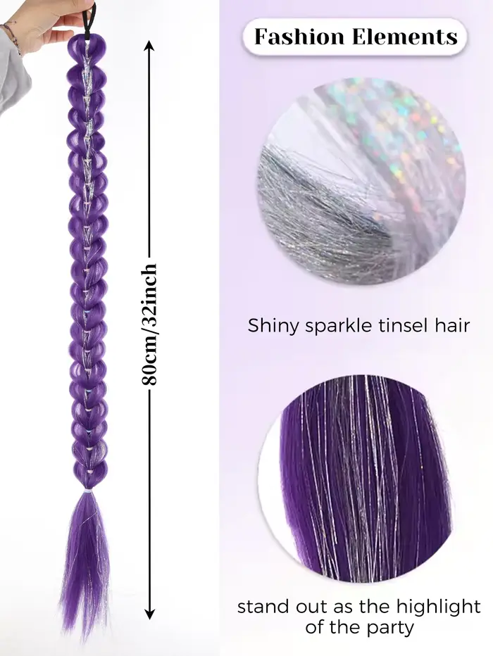 32 pouces tressé violet cheveux queue de cheval avec guirlandes perruque Super Extensions brillant