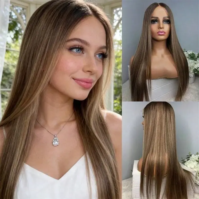 Perruque à dentelle frontale avec mèches blondes brunes pour coiffure de mariage, longue et droite,