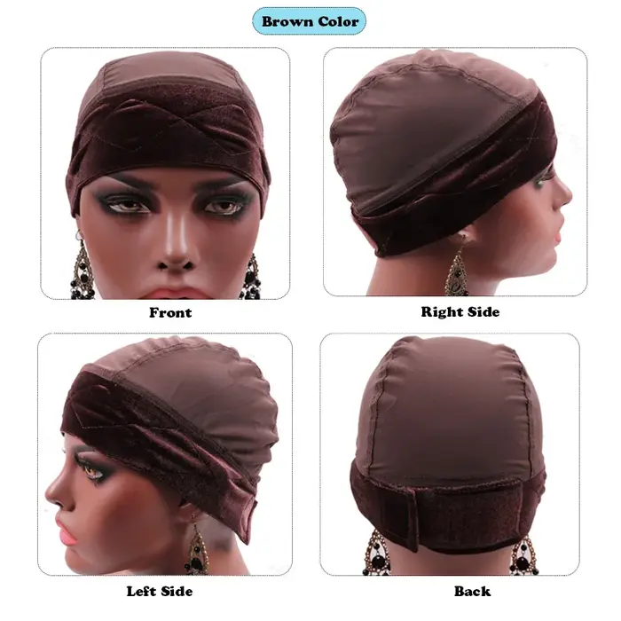 Bonnet de perruque en maille marron avec écharpe en velours