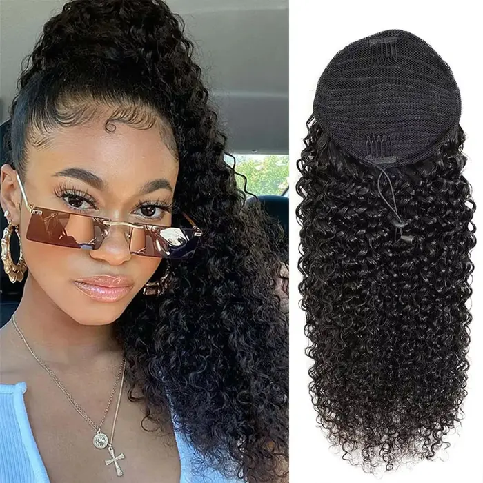 Extensions de cheveux humains bouclés crépus à clipser avec cordon de serrage