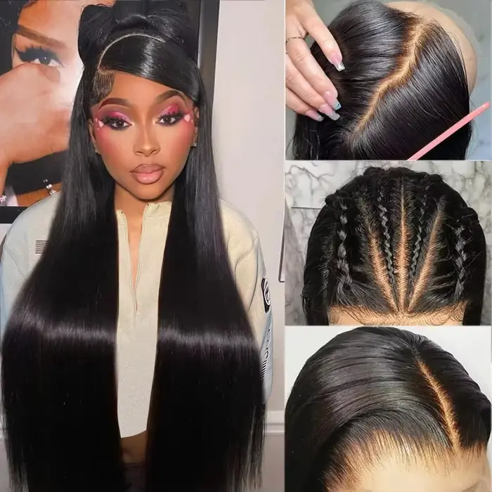 Perruque Lace Front HD Transparente Densité 200% Cheveux Humains Raides Brésiliens Pré-Pluckée Pour 