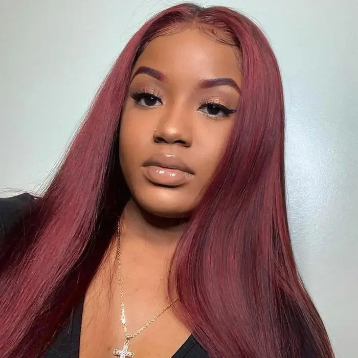 Perruque Lace Front Wig naturelle lisse-Tuneful, Sophia, cheveux humains, couleur bordeaux 99J, 13x6
