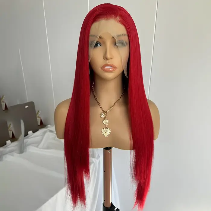 Perruque rouge perruque de dentelle synthétique longue perruque droite en soie perruque rouge foncé usage quotidien perruques de dentelle frontale pour les femmes Cosplay perruque droite rouge