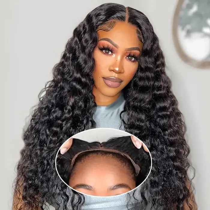 7x6 vague profonde cheveux humains pré plumé bouclés couleur noire naturelle perruques sans colle perruque HD Transparen