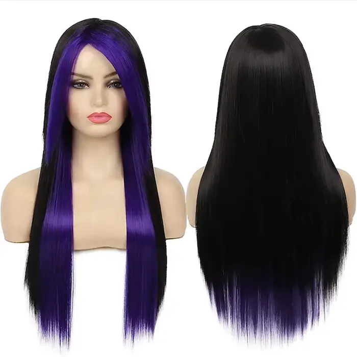 HAIRJOY cheveux synthétiques longs rouge noir droite résistant à la chaleur côté frange Halloween Co