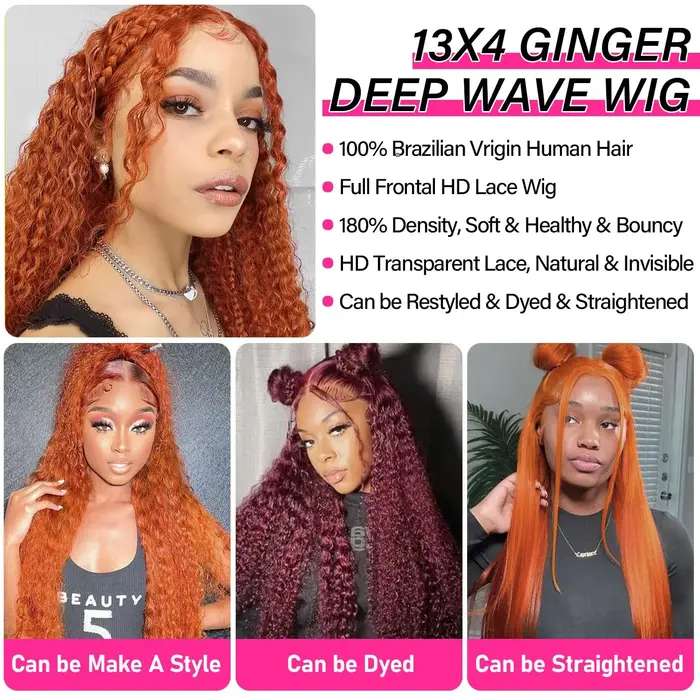 Perruque Lace Frontal Wig brésilienne naturelle, cheveux bouclés, Orange gingembre, 13x6, Deep Wave,