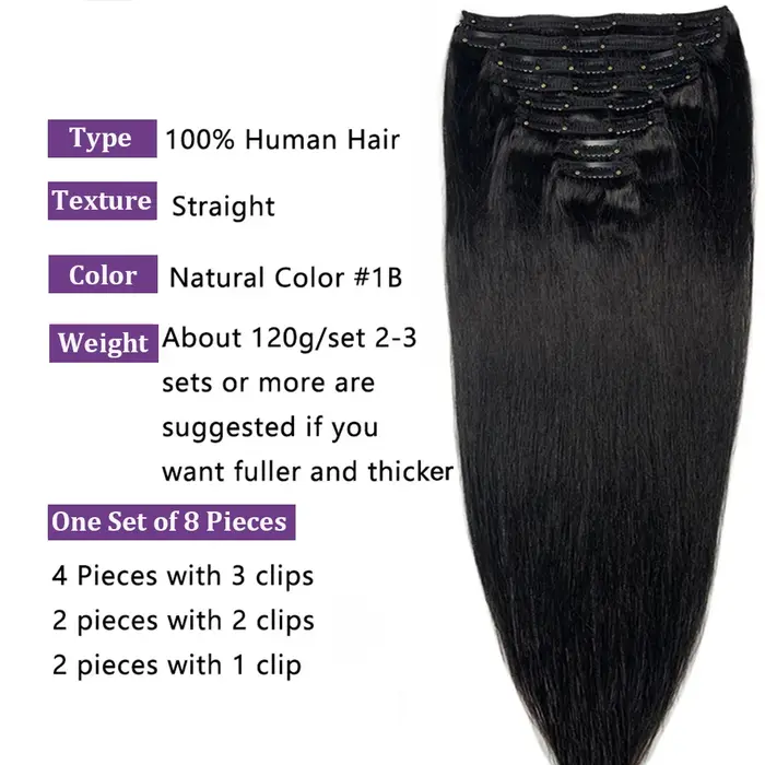 Clip Ins Extensions de cheveux humains brésiliens droits sans couture 10A