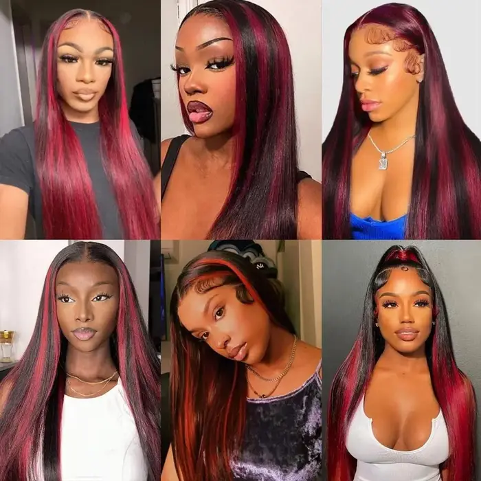 Ombre mettre en évidence bordeaux perruque cheveux humains 13x4 droite dentelle avant