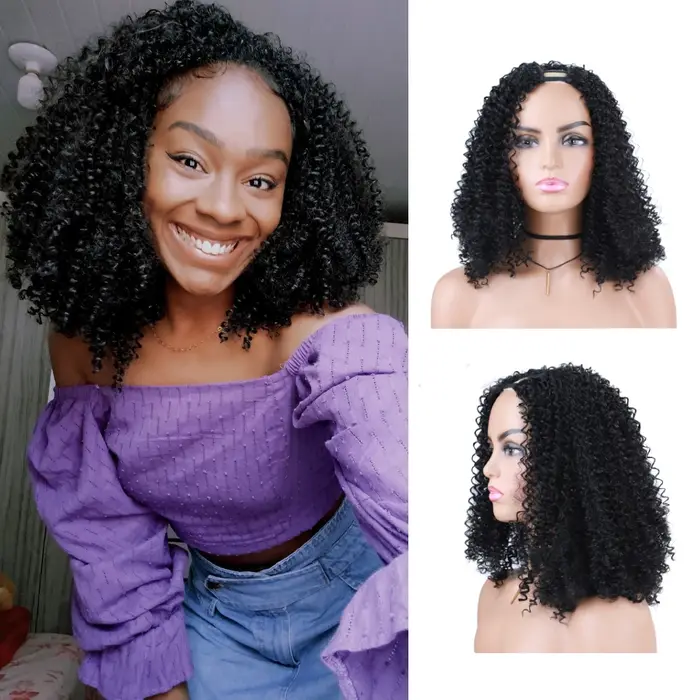 Lydia Afro Crépus Bouclés U Partie 1B #   Perruque de cheveux de couleur noire, synthétique résistan