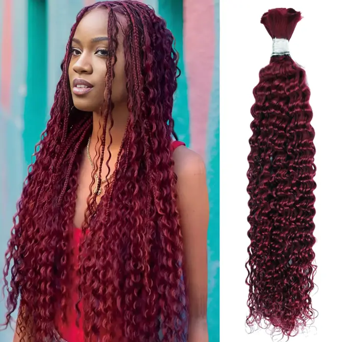 # Extensions de cheveux humains 100% naturels 99j Bourgogne pour tressage, couleur vin foncé, ondula