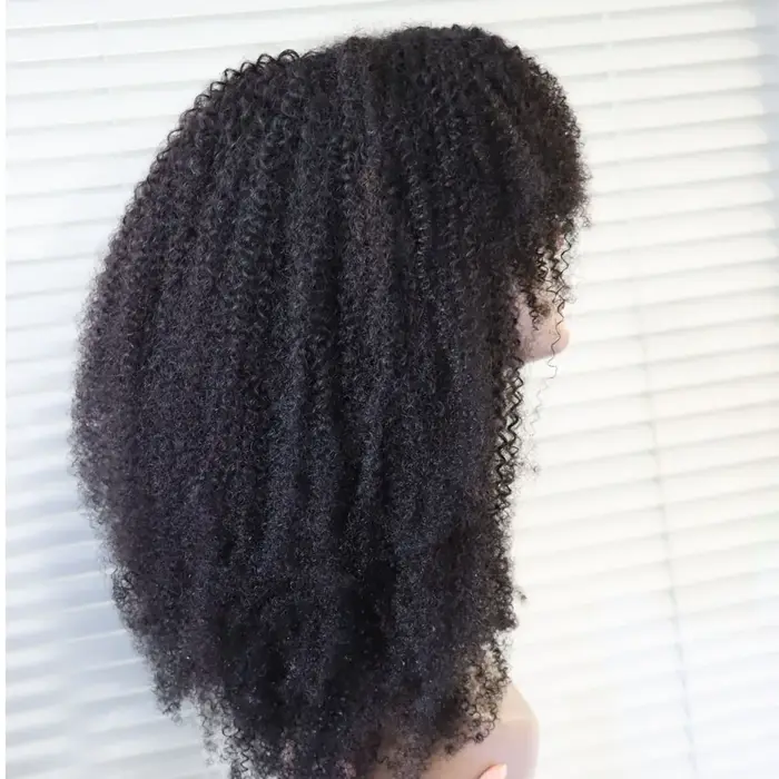 Perruque en cheveux humains vierges brésiliens bouclés afro, fabriquée à la machine, avec frange et boucles, pour femmes noires, de chez Aliexpress