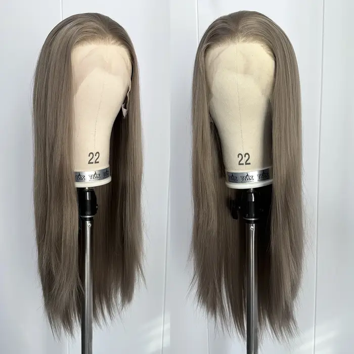 Perruque Lace Front Wig synthétique gris cendré 13x4, cheveux longs et lisses, sans colle, naissance