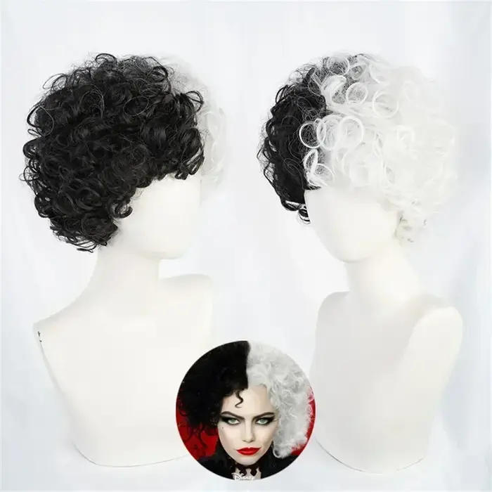 CRUELLA Deville De Vil noir blanc avec frange courte Bob résistant à la chaleur perruque De cheveux Cosplay Halloween