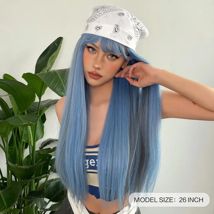 Perruques Synthétiques sulfDroites Bleues avec Reflets Gris avec Frange, Cheveux de Cosplay pour Fem