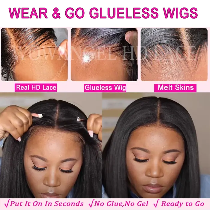Wow Angel-Perruque sans colle noire de jais pour femme, fermeture à lacet HD, perruques de cheveux h