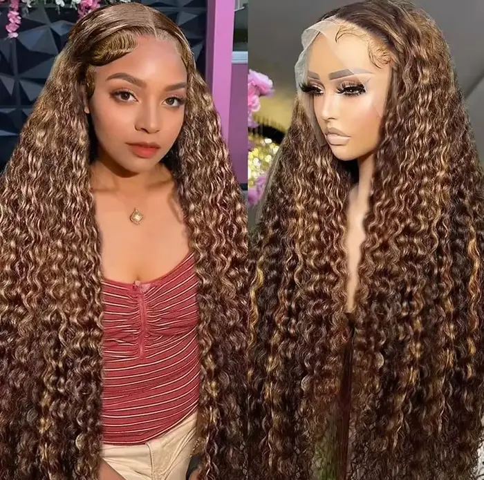 Perruque bouclée 30-34 pouces en cheveux humains blond miel, perruque frontale en dentelle 13x4 Deep