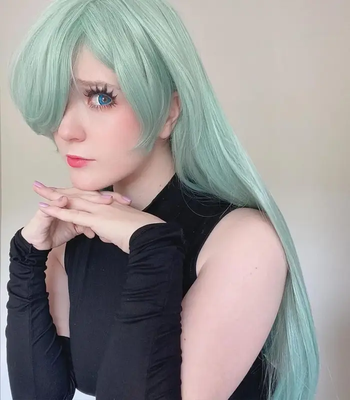 Perruque de cosplay verte avec frange pour femme