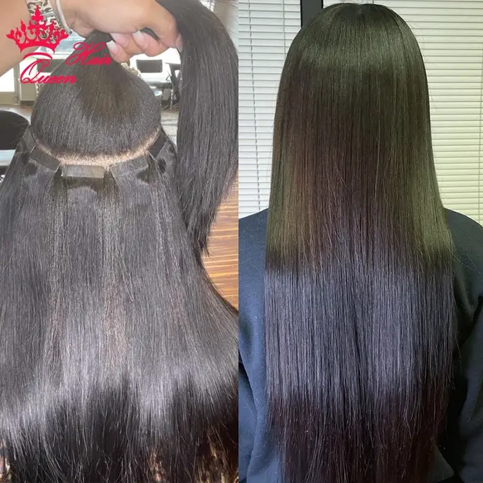 Queen Hair Official PU Tape In Hair Skin Weft Hand Tied PU Adhesives Raw Human Hair Extensions Invis