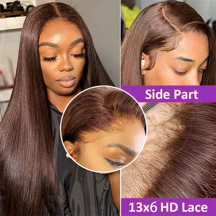 Perruque Lace Frontal Wig naturelle brésilienne Remy, cheveux lisses, brun chocolat, 13x6, pre-pluck
