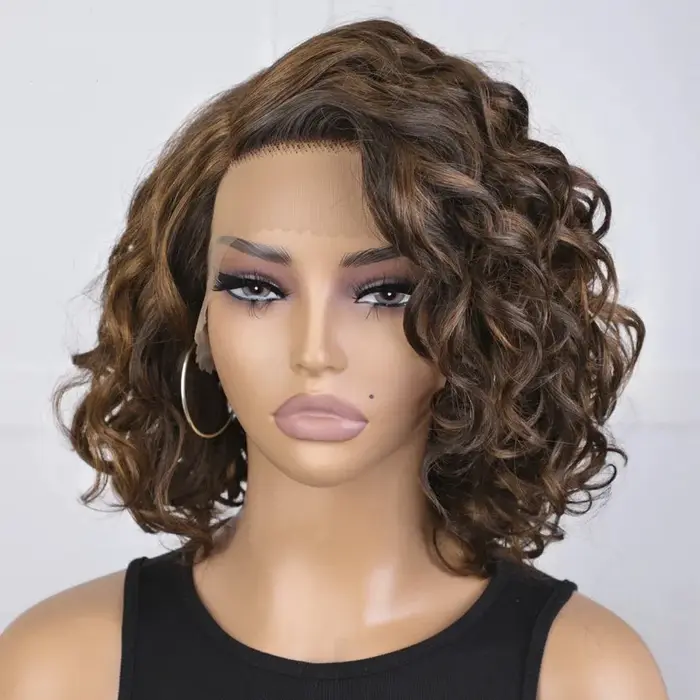 Perruque Courte Bob Bouclée et Volumineuse en Cheveux Humains
