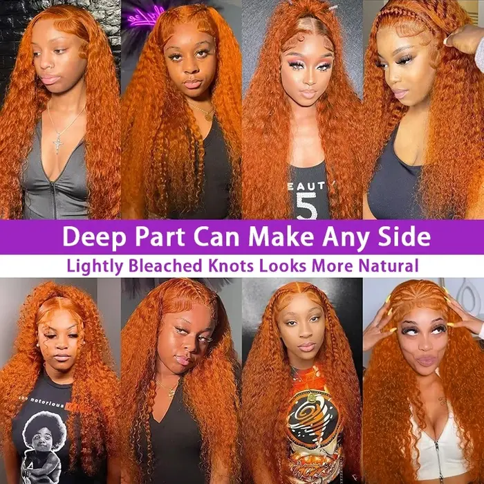 Perruque Lace Frontale 13x6 en Cheveux Humains, Ondulations Profondes Couleur Gingembre Orange, Dens