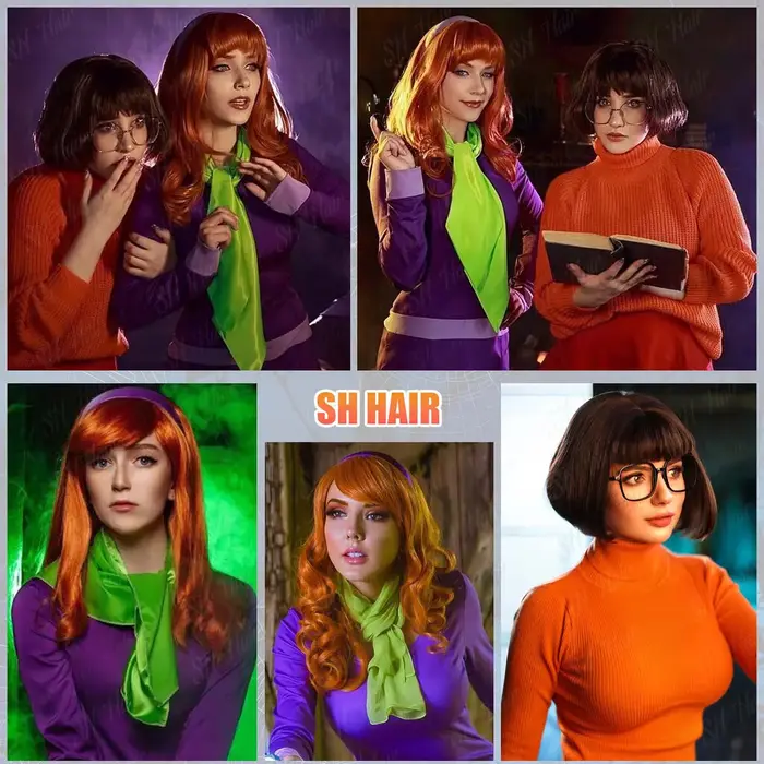 Perruque synthétique longue bouclée Orange + bandeau violet Daphné