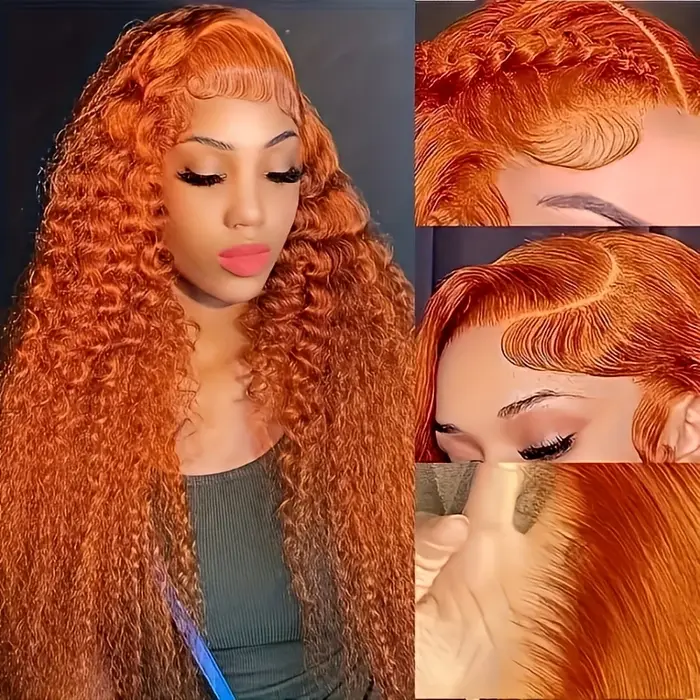 Perruques Lace Front 13x6 à boucles profondes couleur gingembre haute densité de 36 pouces # Perruqu