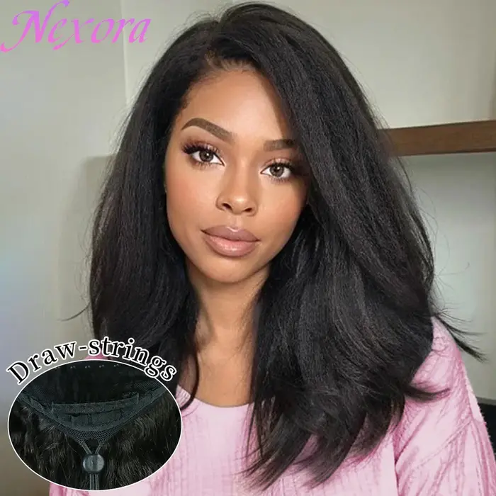 Perruque mi-tête noire 1B, cheveux humains raides crépus, avec sangle invisible, perruque brésilienn