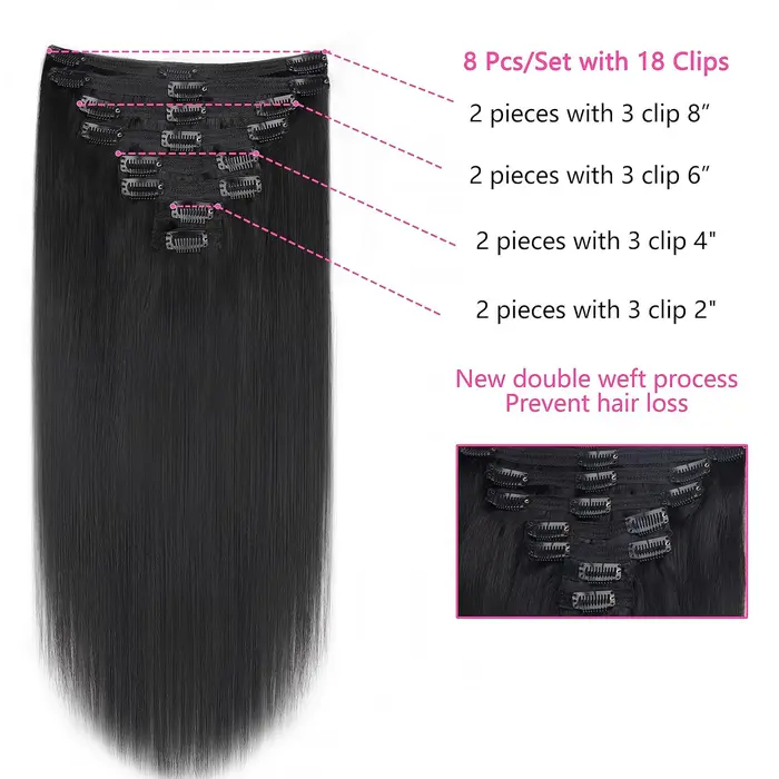 8 pièces Extensions de cheveux humains brésiliens à clipser droites avec 18Clips 120g couleur naturelle droite 100%