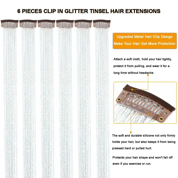 6 pièces pince à cheveux en 23.6 pouces paillettes synthétique